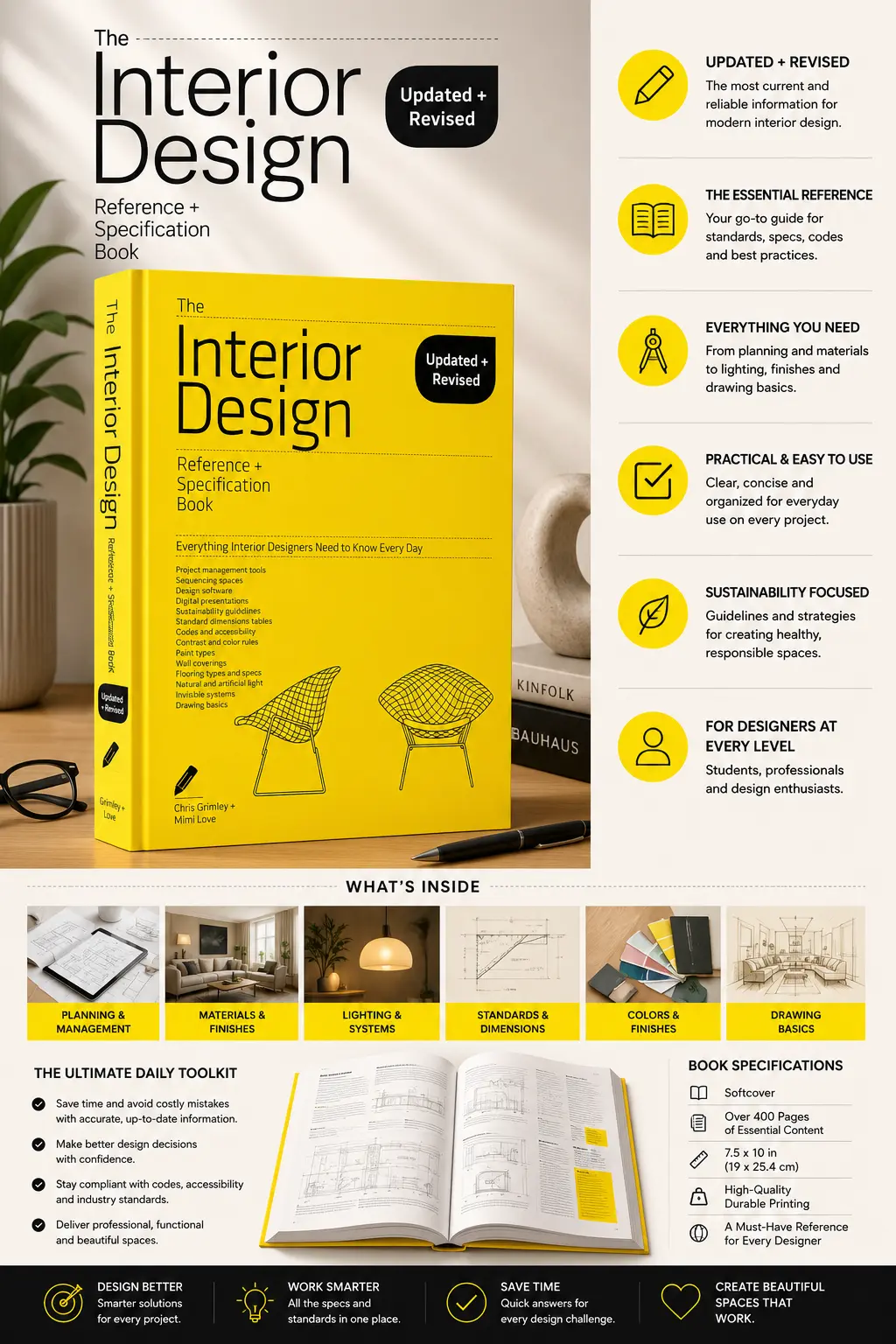 9de29eeb-e9cf-4a60-b010-845f52a4b199 Interior design reference & specification book, yellow cover, updated + revised, with feature icons and what's inside layout | Sky Rye Design Interior design reference & specification book, yellow cover, updated + revised, with feature icons and what's inside layout