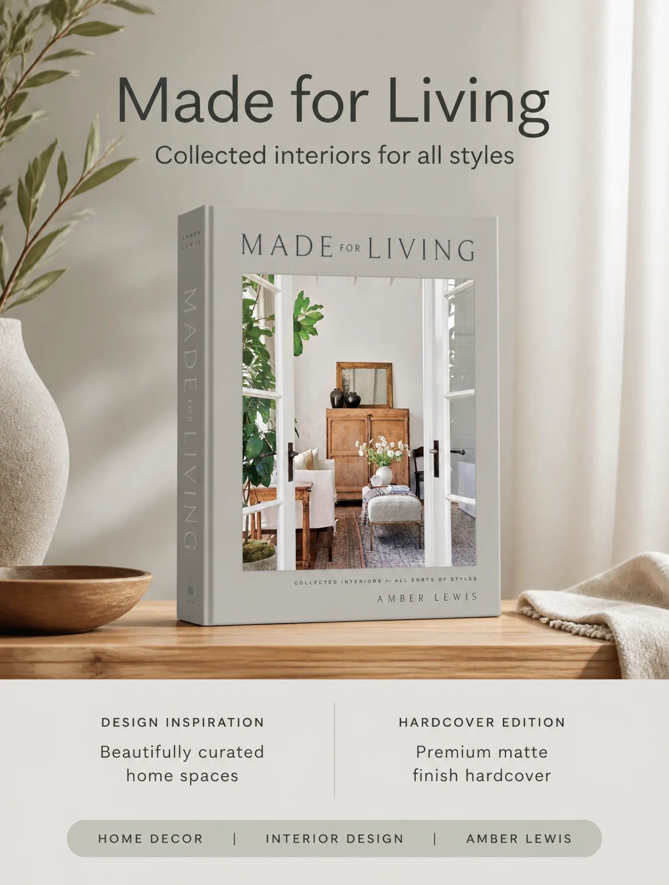 8f32f8d1-bffa-4bbc-83f6-503cb41bf9ca Coffee-table book Made for Living showcasing curated neutral home interiors on wooden table with vase and linen | Sky Rye Design Coffee-table book Made for Living showcasing curated neutral home interiors on wooden table with vase and linen