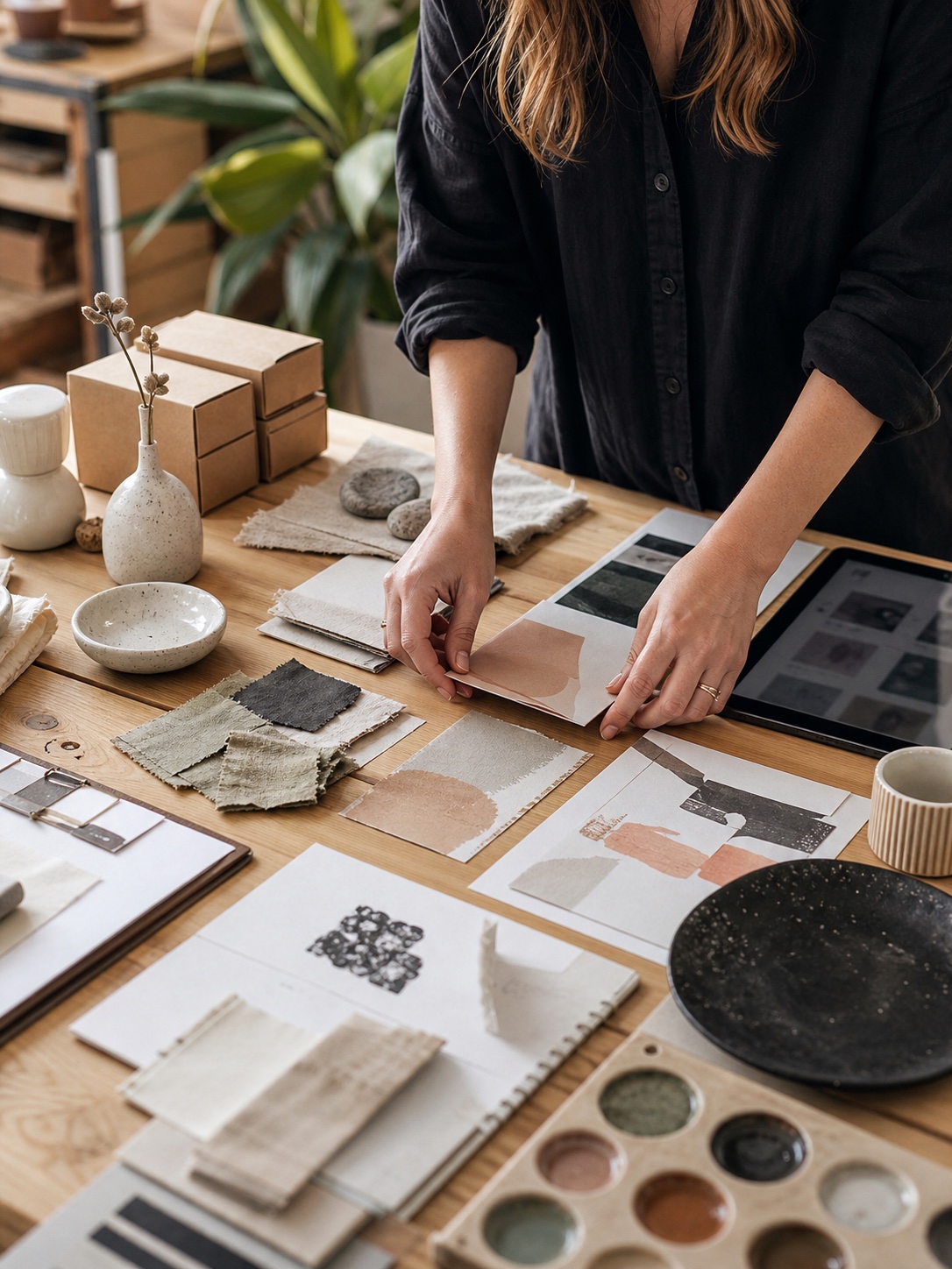 Creative entrepreneur arranging handmade product samples, ceramics, packaging, and design materials.