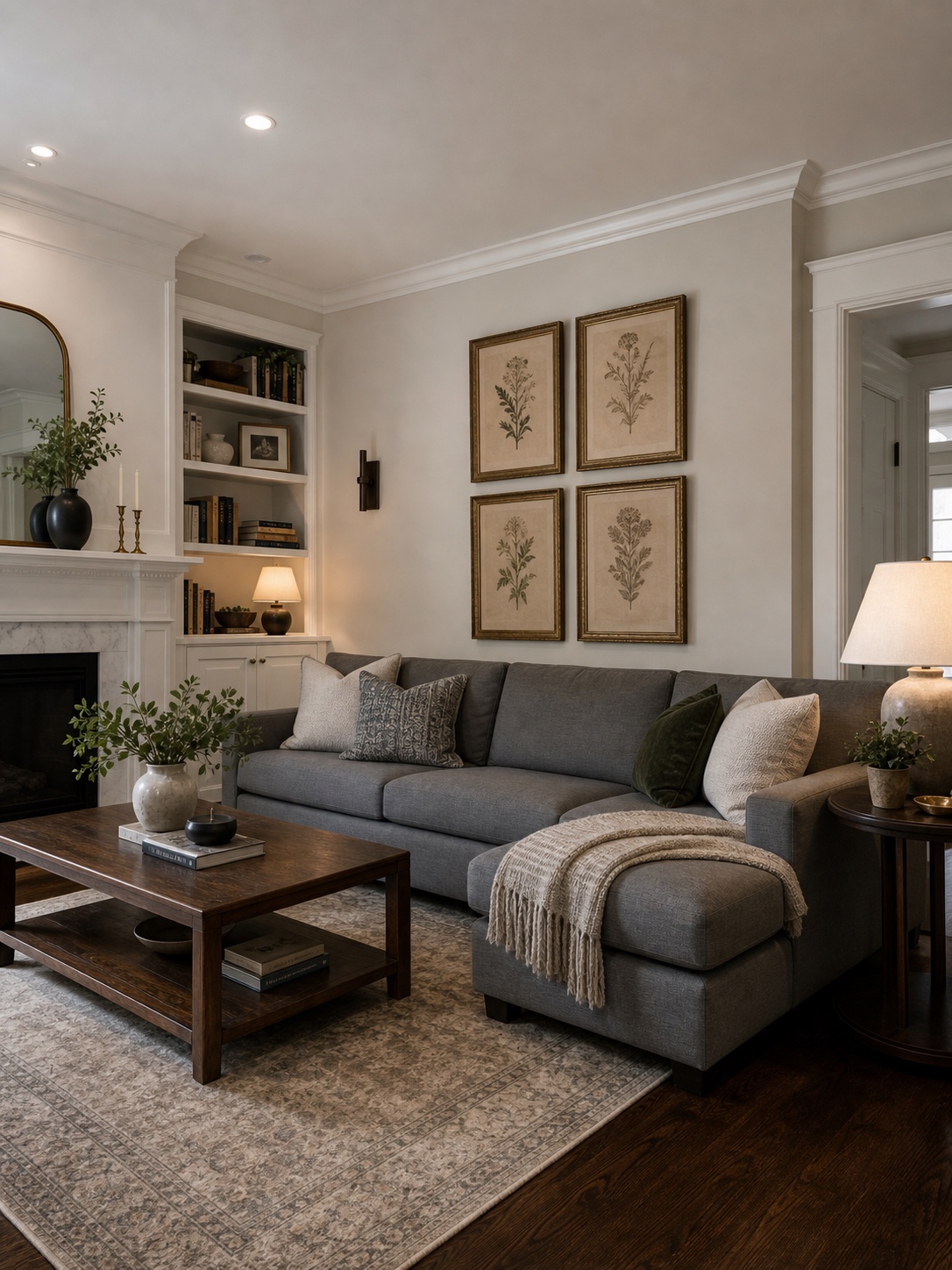 Transitional living room with a modern gray sectional, traditional crown molding, dark oak floors, and botanical prints.