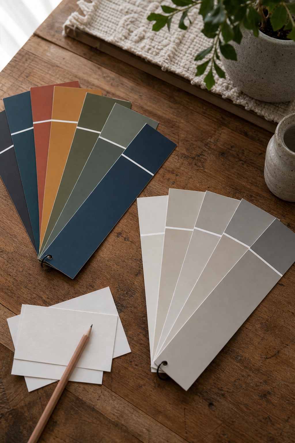 Paint color swatches on a wooden table comparing trendy colors with classic neutrals for home design decisions.