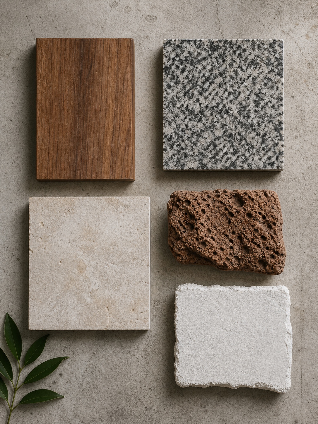 A top-down arrangement of teak, granite, limestone, laterite, and lime plaster samples on raw concrete.