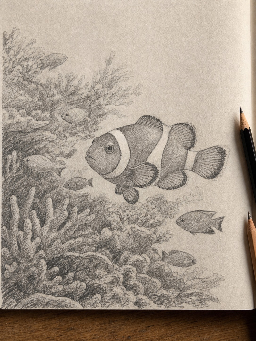 Pencil study of a clownfish and smaller reef fish near coral.