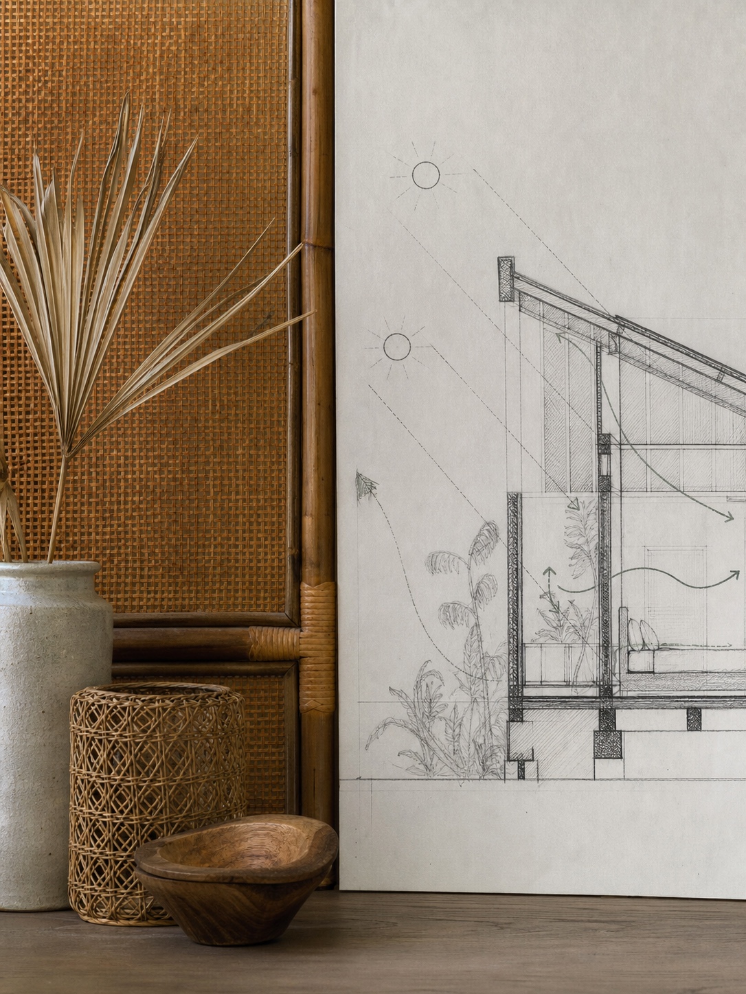 A split editorial scene comparing a rattan interior vignette with an architectural section drawing showing sun and ventilation paths.