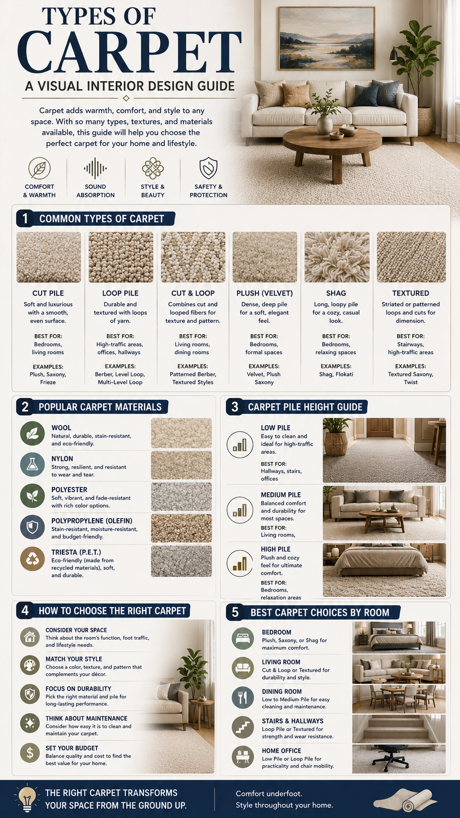 Infographic titled Types of Carpet: overview of common carpet types, materials, and room guidance with swatch photos.