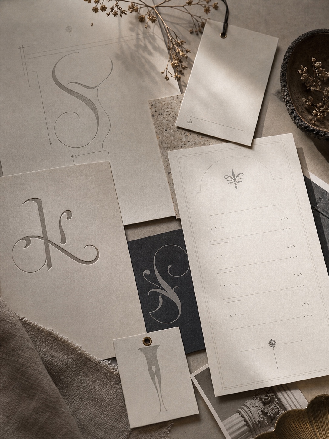 High-end typographic branding flat lay with custom lettering, a specimen sheet, and restaurant menu design.