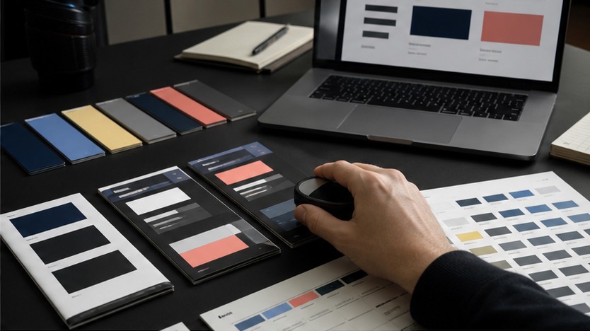 UI Accessibility Contrast Testing Designer testing UI color contrast with swatches, component cards and a laptop interface. | Sky Rye Design Designer testing UI color contrast with swatches, component cards and a laptop interface.