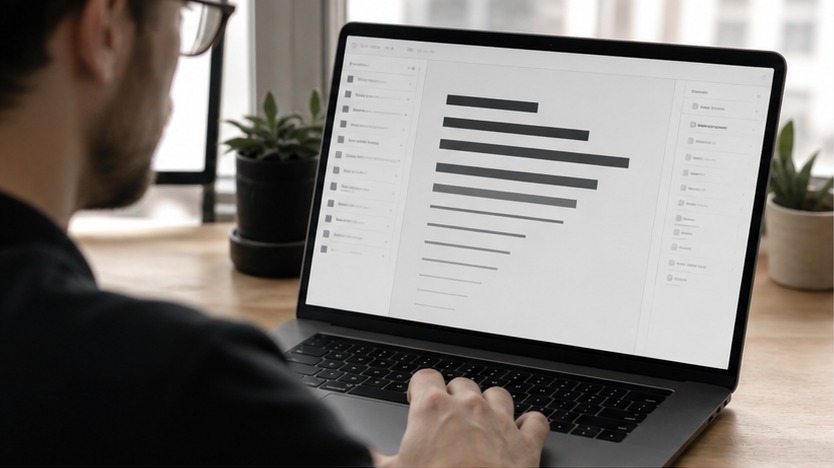 UI Typography Readability Review Designer reviewing UI typography readability on a laptop screen with abstract text blocks and interface controls. | Sky Rye Design Designer reviewing UI typography readability on a laptop screen with abstract text blocks and interface controls.