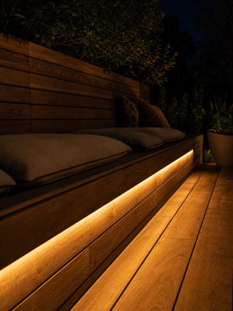 Warm LED strip under a built-in deck bench Built-in wooden deck bench at night with a hidden warm LED strip glowing under the seat lip. | Sky Rye Design Built-in wooden deck bench at night with a hidden warm LED strip glowing under the seat lip.