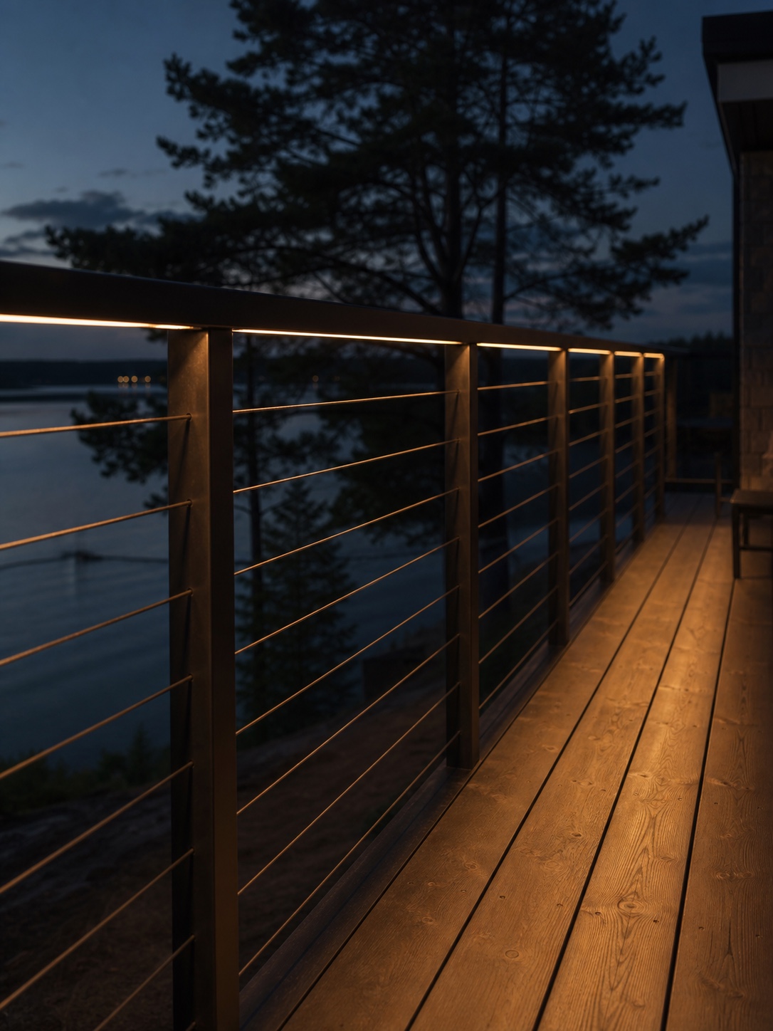 Hidden under-rail deck lighting Modern deck railing with a concealed warm LED strip washing light down onto the deck boards. | Sky Rye Design Modern deck railing with a concealed warm LED strip washing light down onto the deck boards.