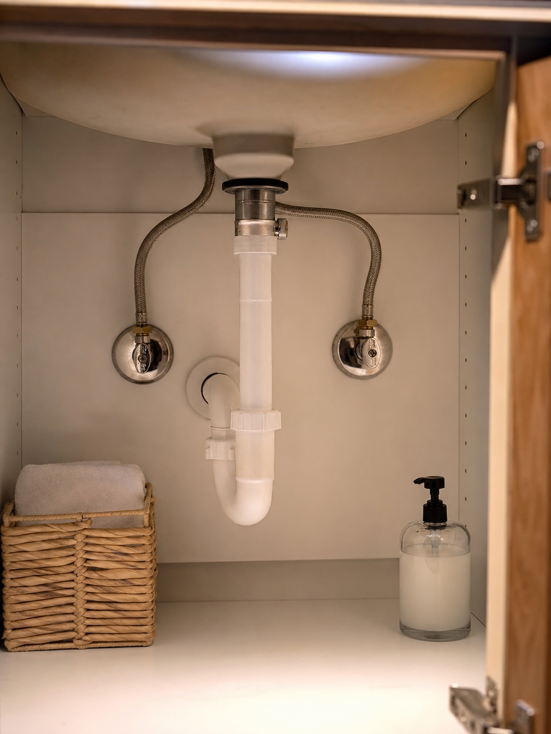 Under-sink bathroom vanity plumbing with a p-trap, braided supply lines, and accessible angle stop valves inside a clean cabinet.