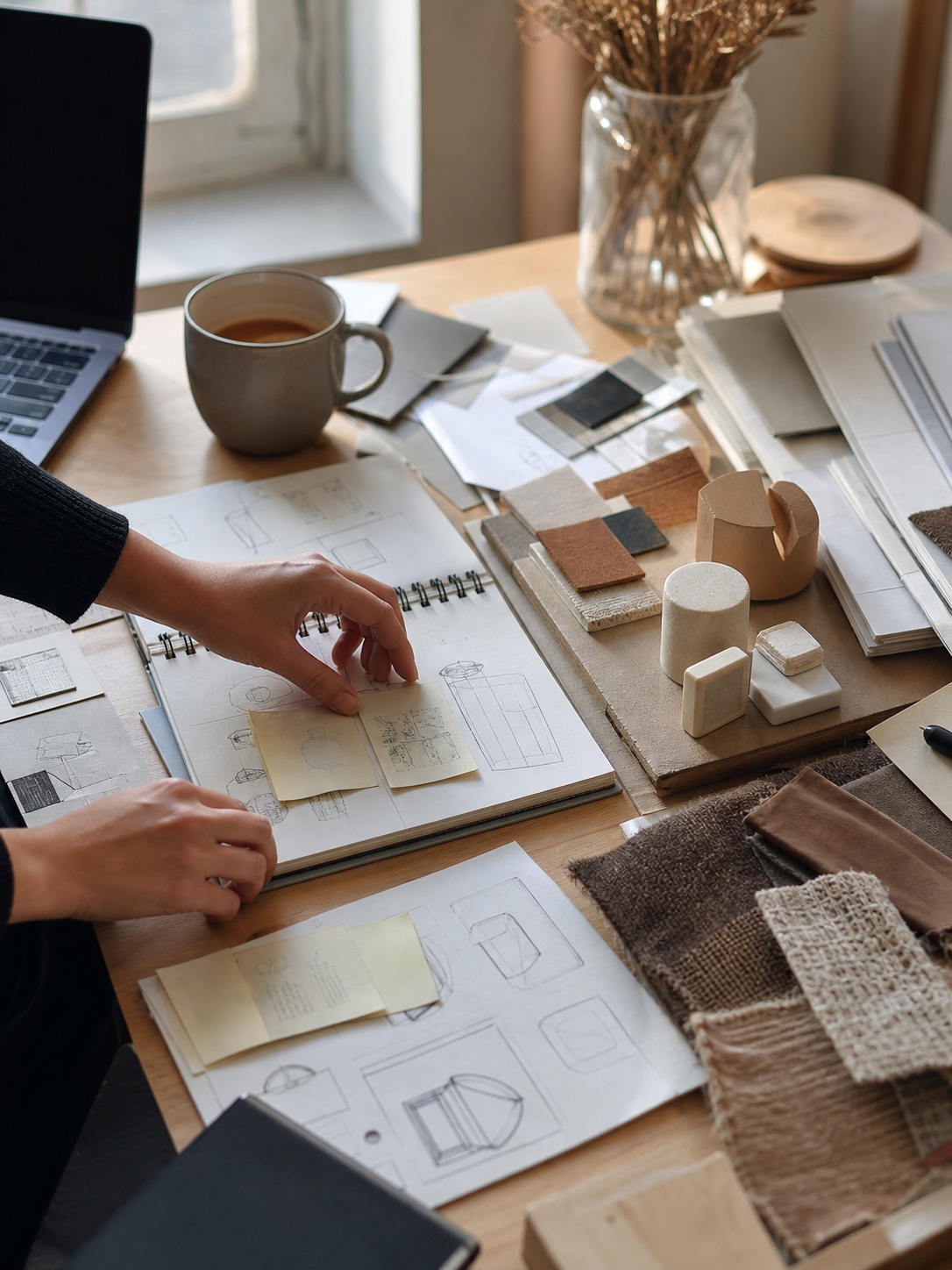 Creative strategy desk with sketches, samples, laptop, and notes for planning a business idea.