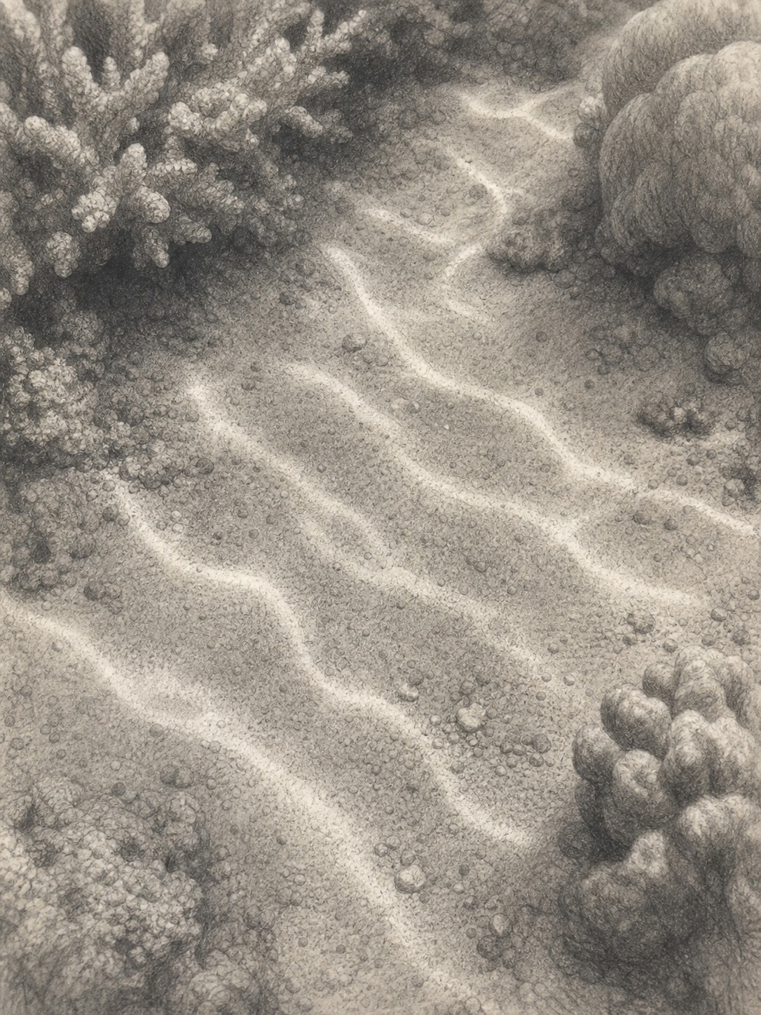 Close-up graphite study of caustic light bands across a sandy reef floor.