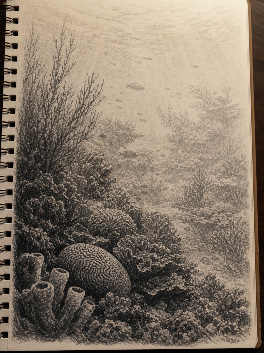 Full pencil coral reef scene showing value changes from foreground to background.