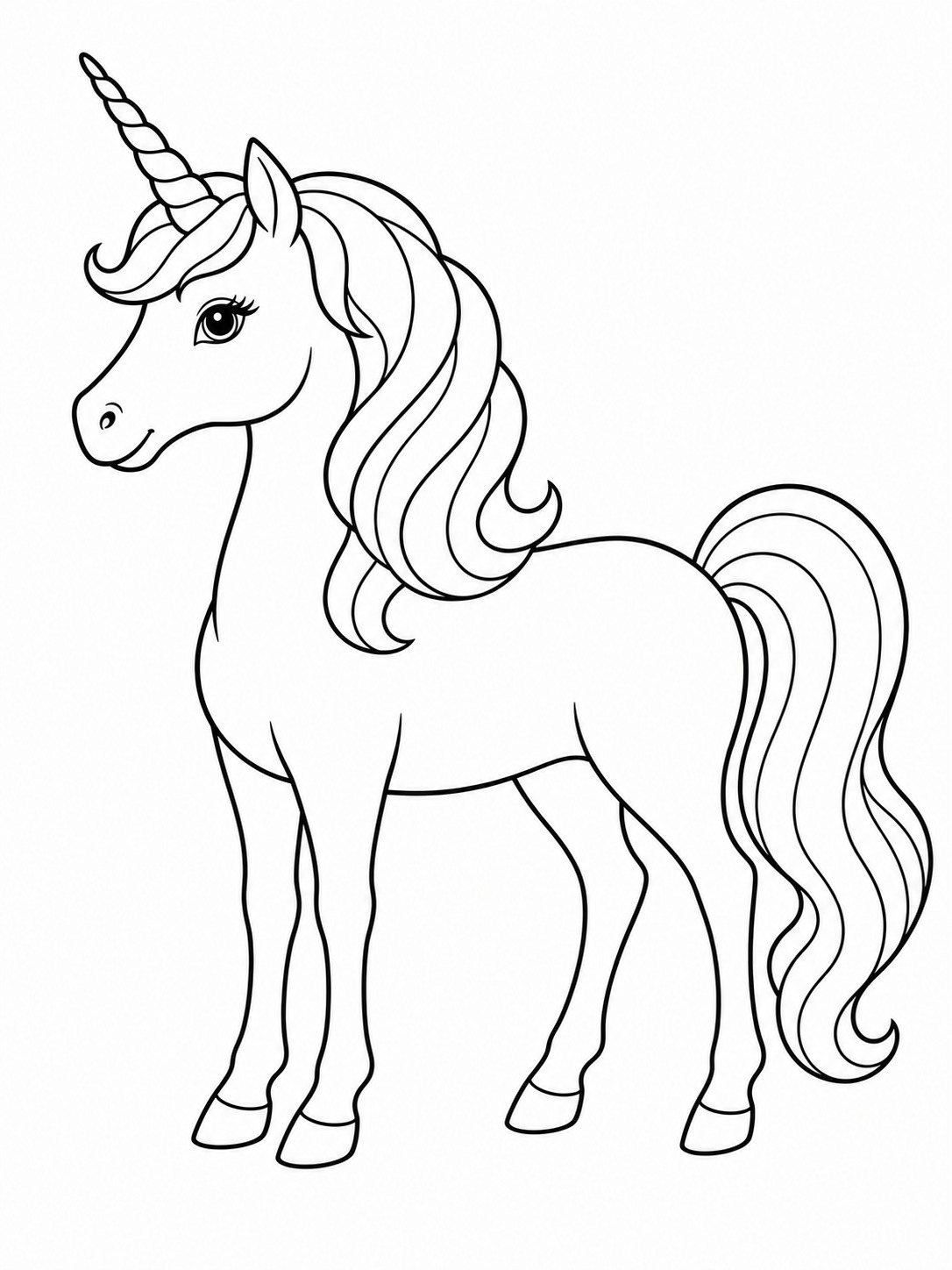 Printable line-art coloring page of classic standing unicorn.