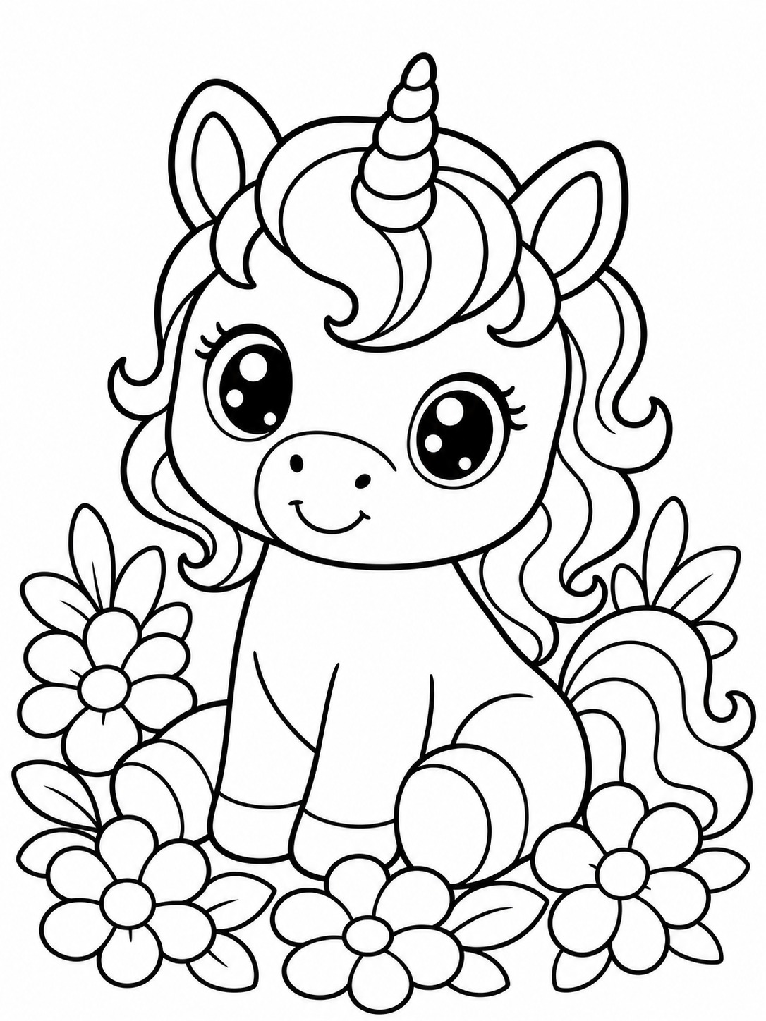 Printable line-art coloring page of baby unicorn (foal).