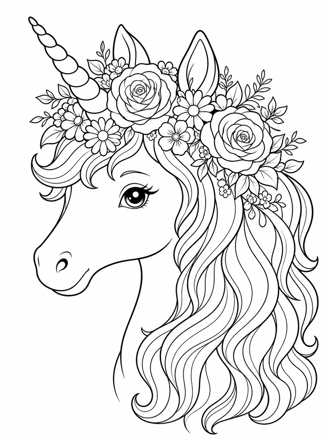 Printable line-art coloring page of unicorn with flower crown.