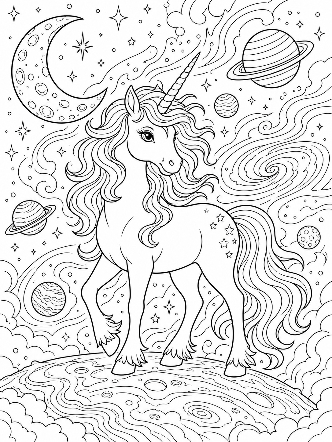Printable line-art coloring page of galaxy unicorn.