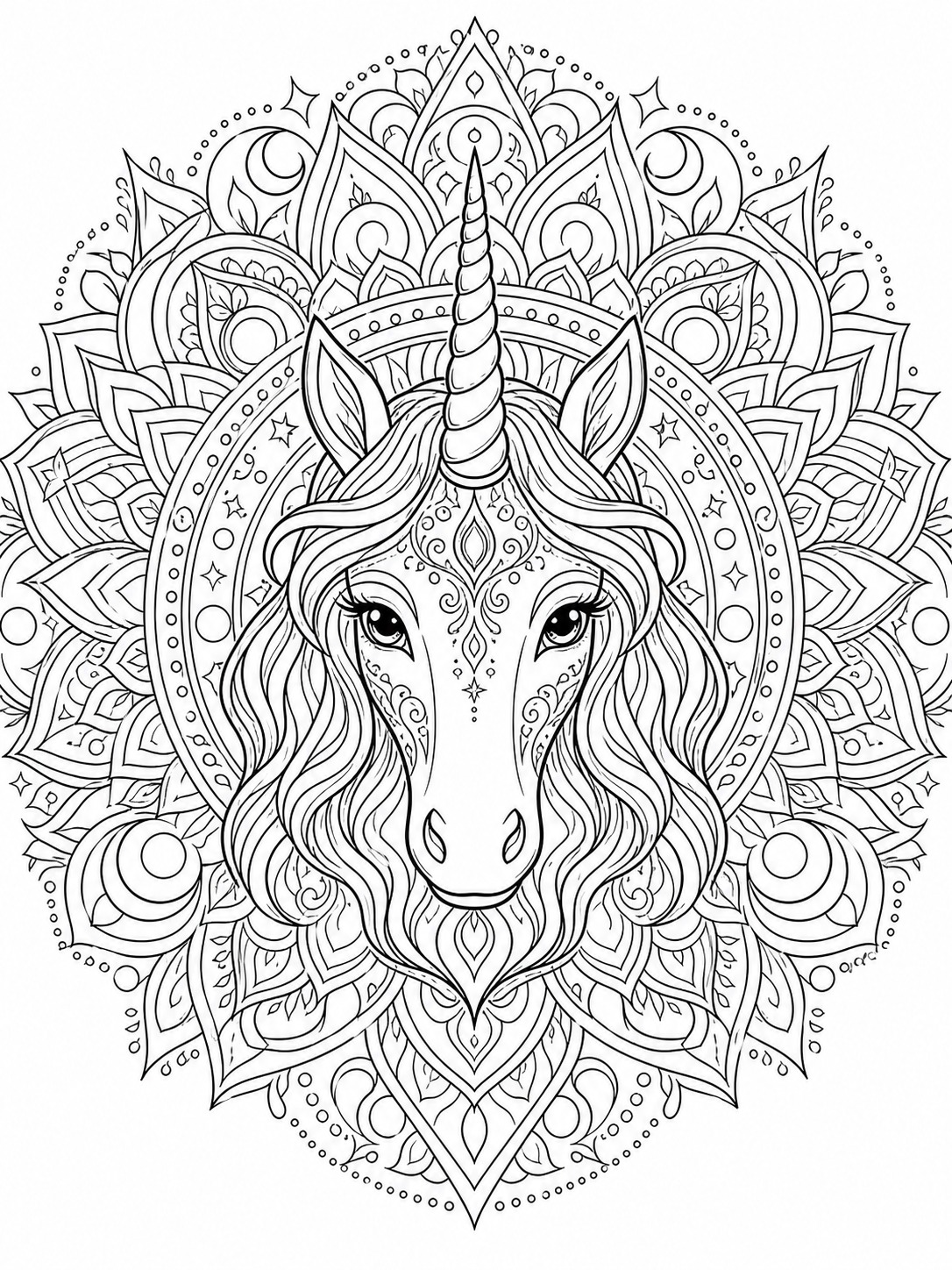 Printable line-art coloring page of unicorn mandala.
