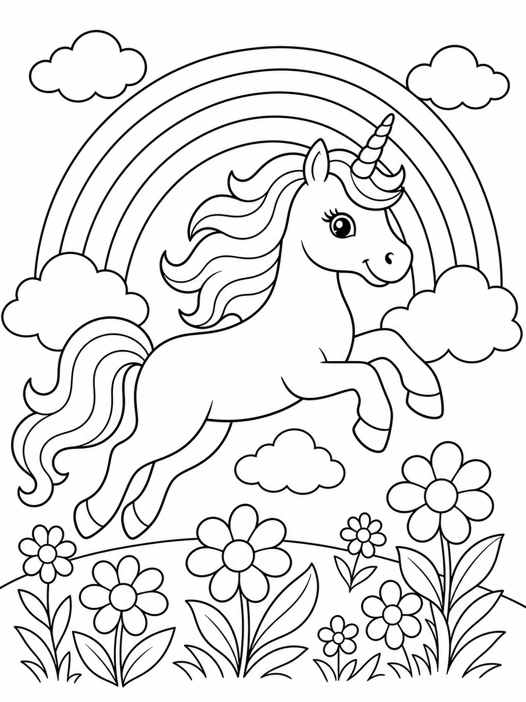 Printable line-art coloring page of unicorn in a rainbow.