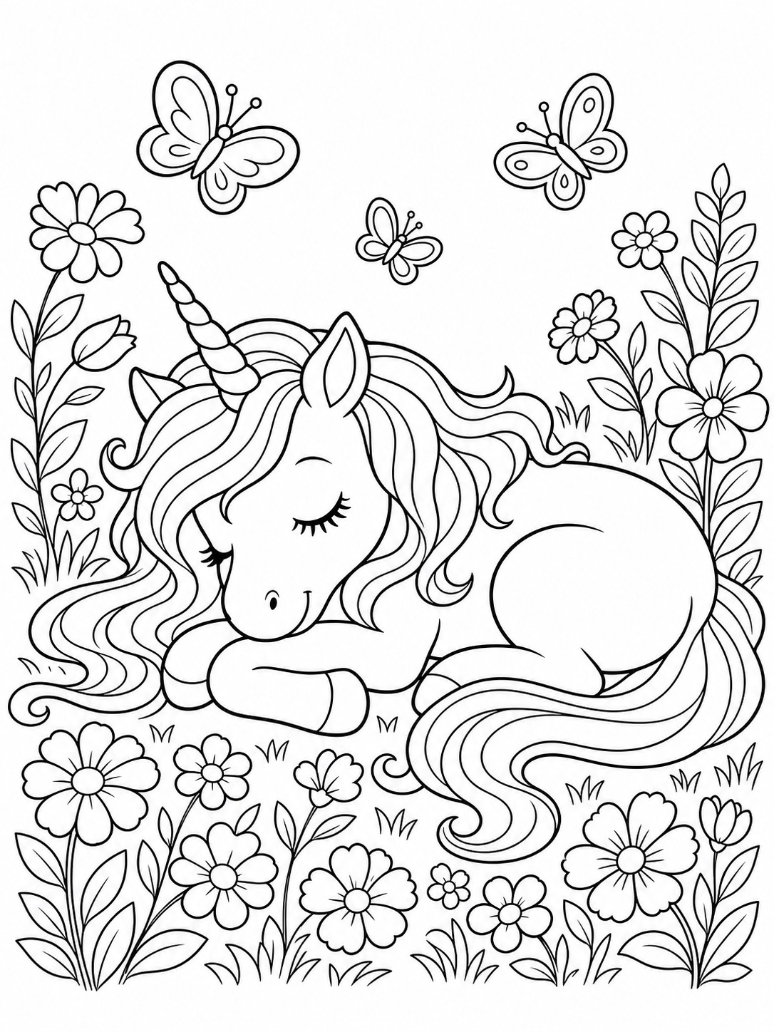 Printable line-art coloring page of sleeping unicorn.