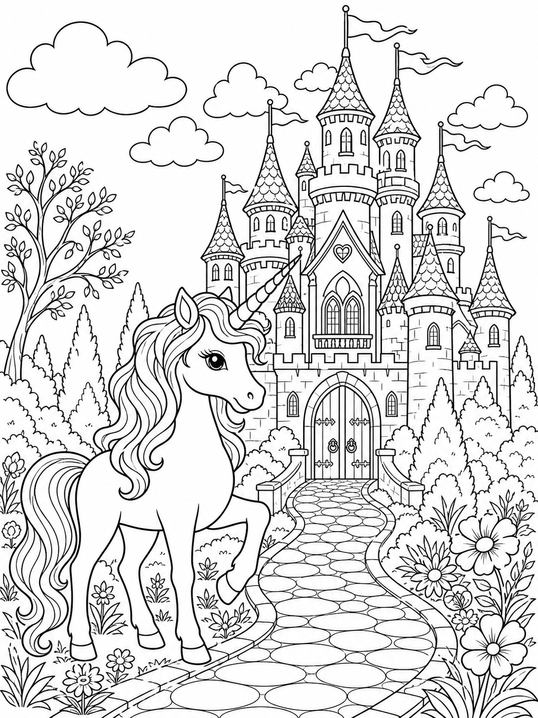 Printable line-art coloring page of unicorn and castle.