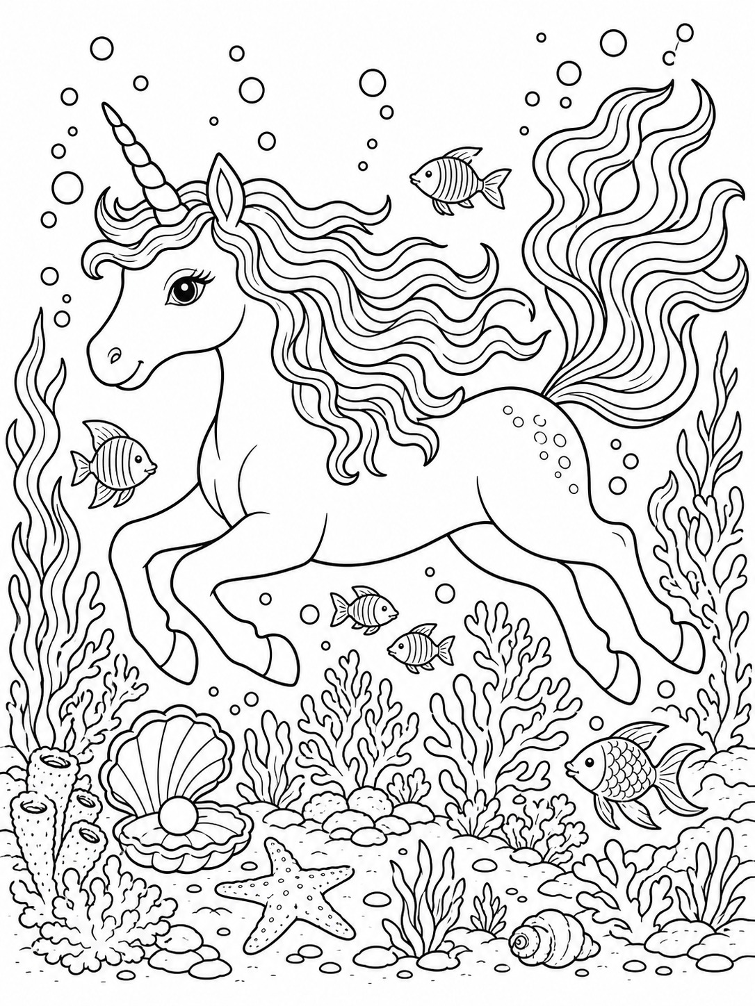 Printable line-art coloring page of unicorn underwater.