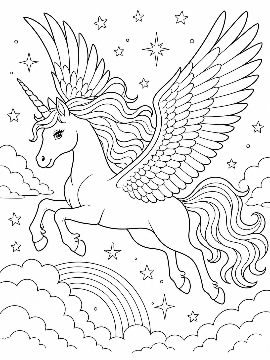 Printable line-art coloring page of unicorn with wings (alicorn).