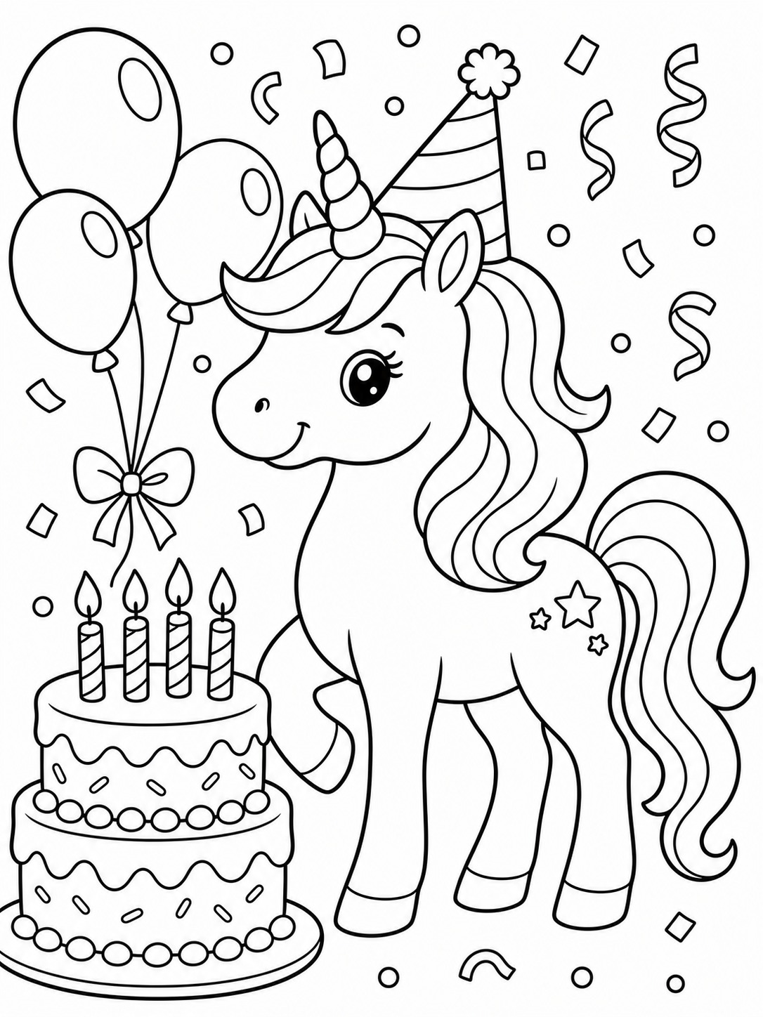 Printable line-art coloring page of unicorn birthday scene.