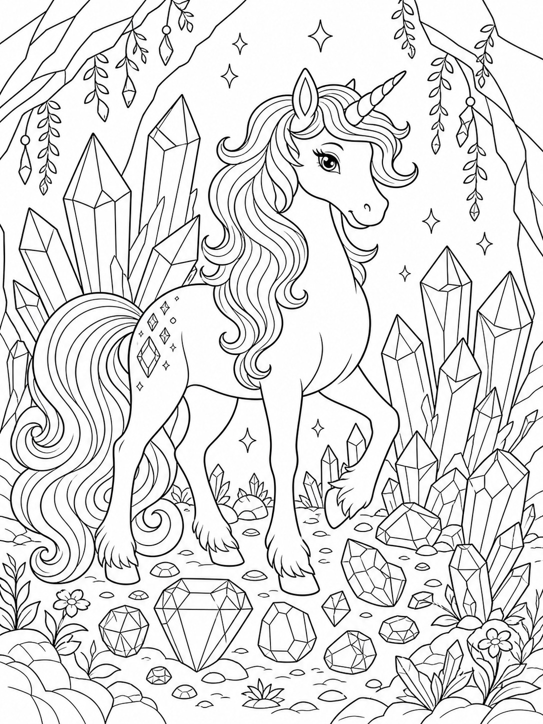 Printable line-art coloring page of unicorn with crystals.