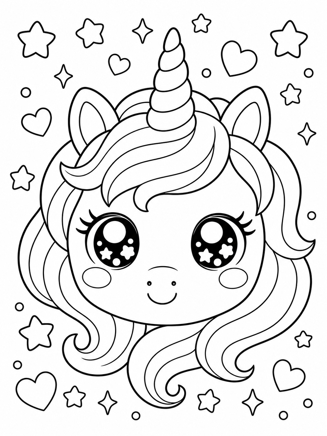 Printable line-art coloring page of kawaii unicorn.