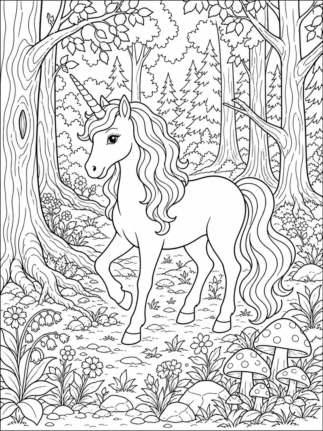 Printable line-art coloring page of unicorn in a forest.