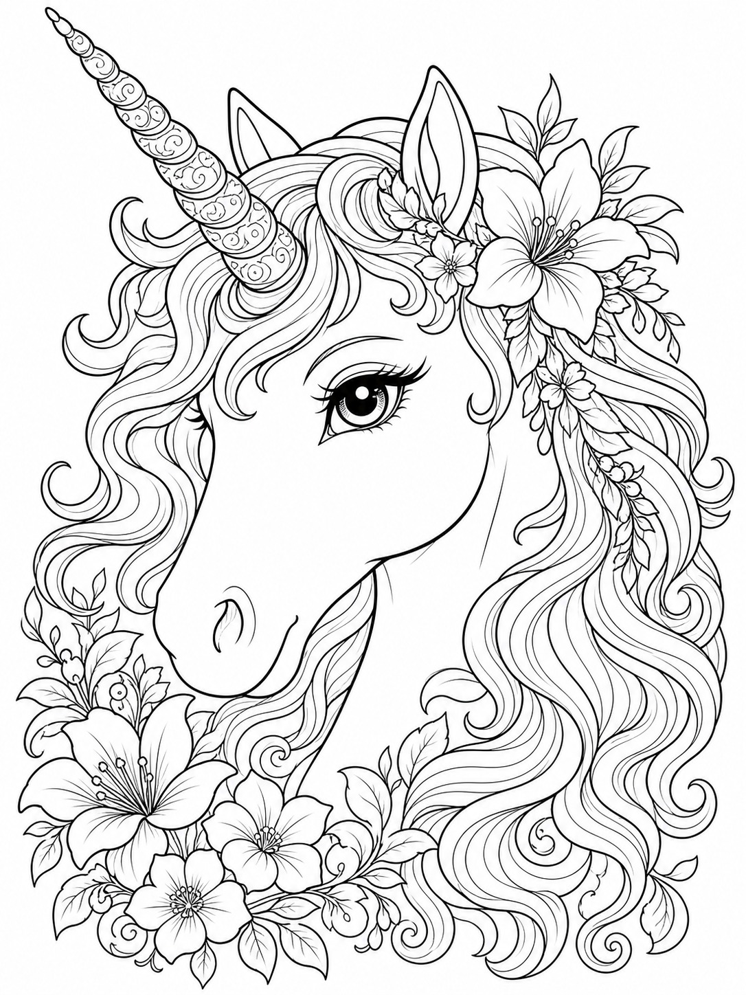 Printable line-art coloring page of unicorn head portrait.