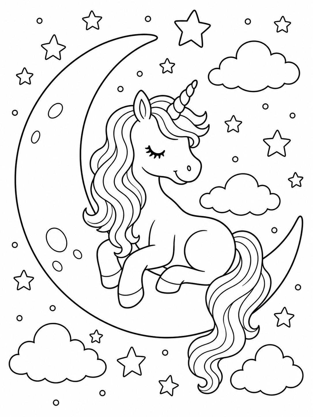 Printable line-art coloring page of unicorn and moon.