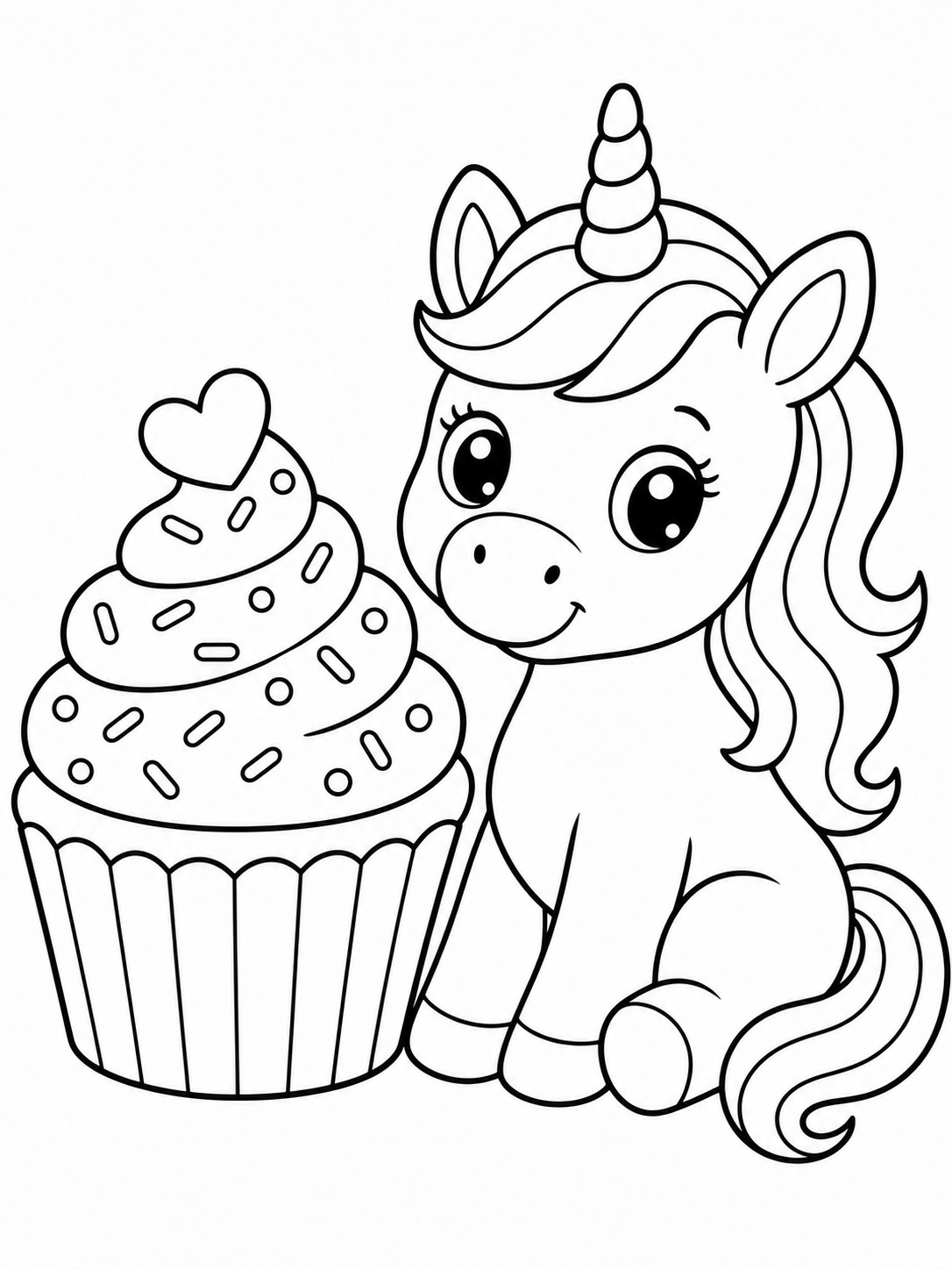 Printable line-art coloring page of cute unicorn with cupcake.