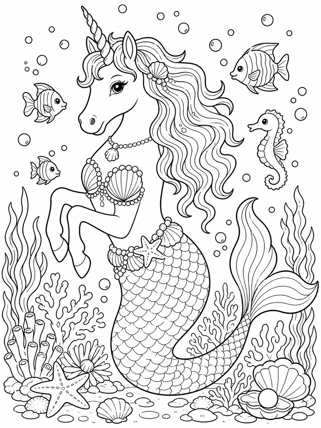 Printable line-art coloring page of unicorn mermaid (sea-unicorn).