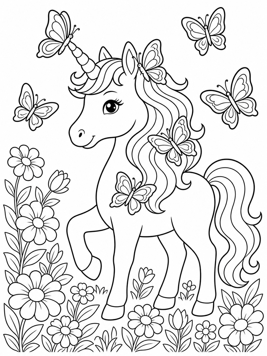 Printable line-art coloring page of unicorn with butterflies.