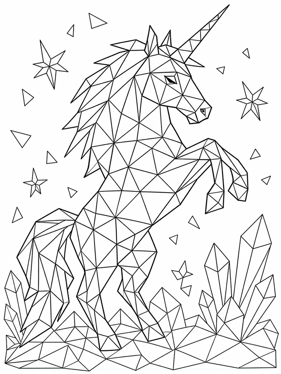 Printable line-art coloring page of geometric unicorn.