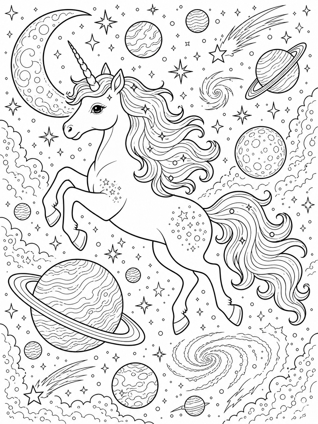 Printable line-art coloring page of unicorn with stars and planets.