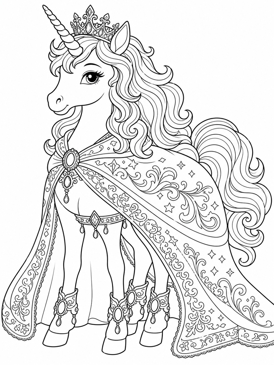 Printable line-art coloring page of unicorn princess.