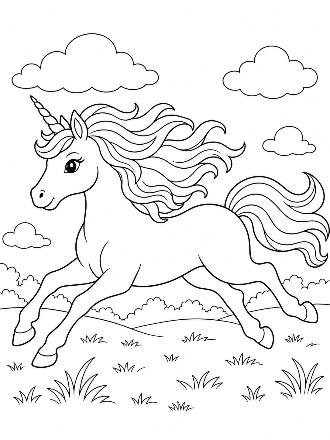 Printable line-art coloring page of unicorn running at sunset.