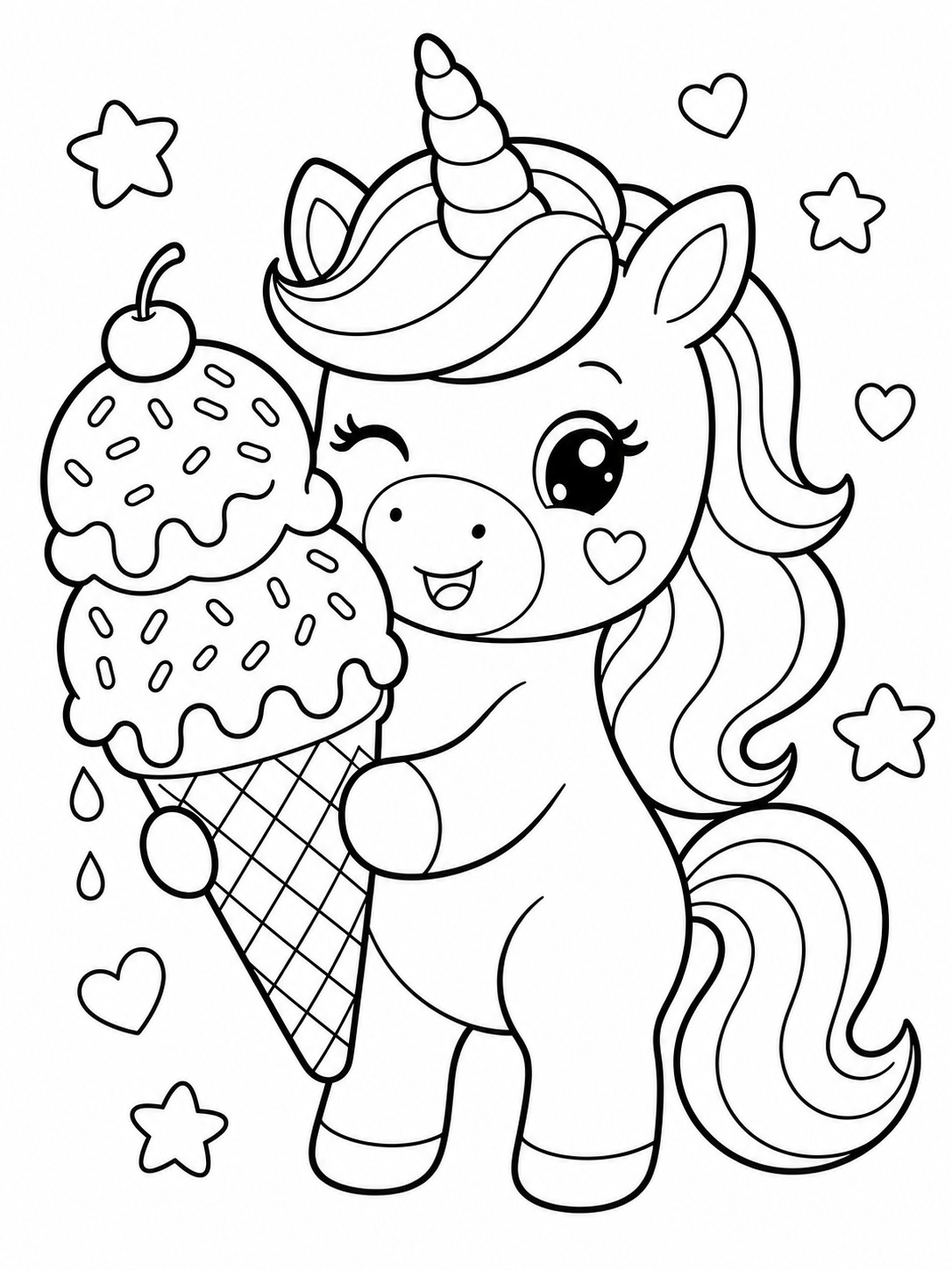 Printable line-art coloring page of unicorn with ice cream.