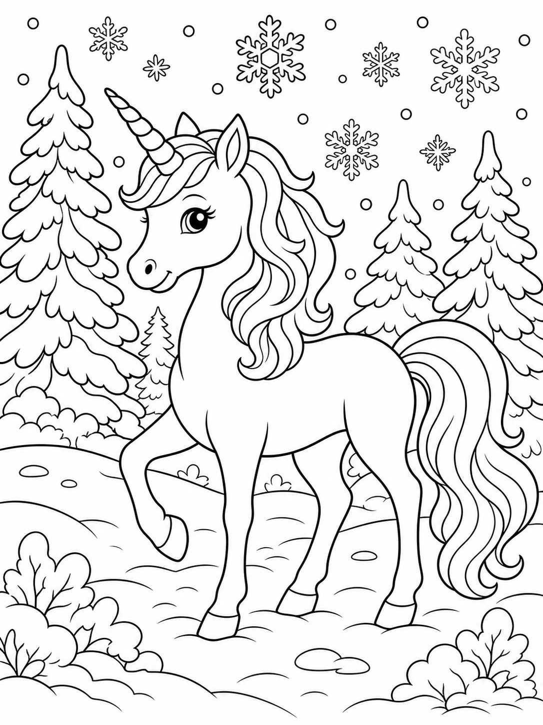 Printable line-art coloring page of unicorn in winter snow.