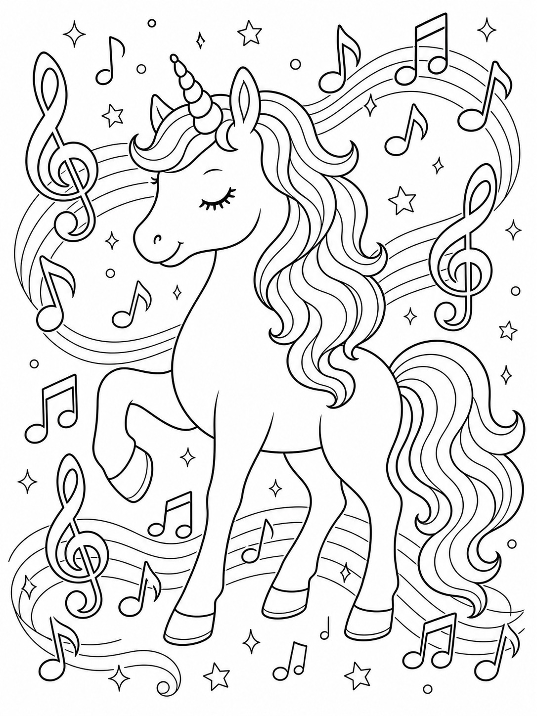 Printable line-art coloring page of unicorn with musical notes.