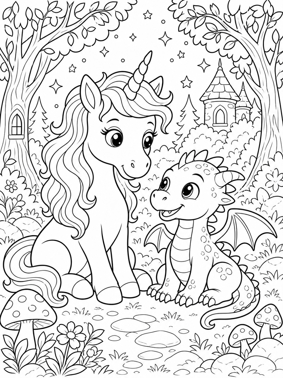 Printable line-art coloring page of unicorn and dragon friends.