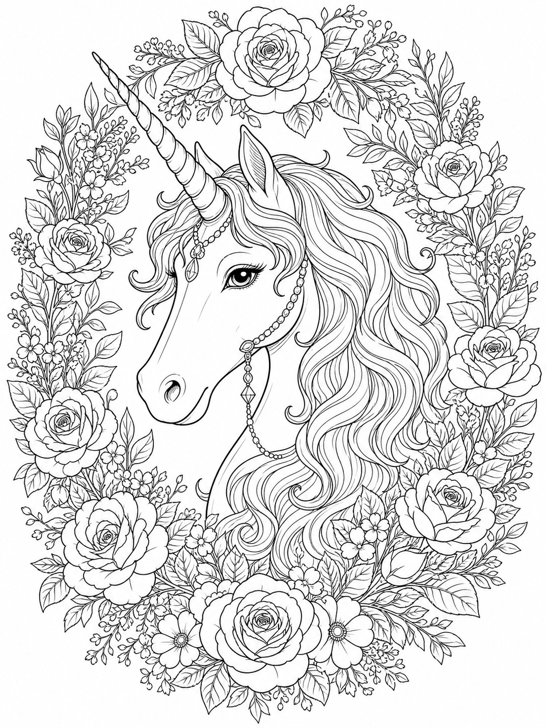 Printable line-art coloring page of unicorn head floral wreath.