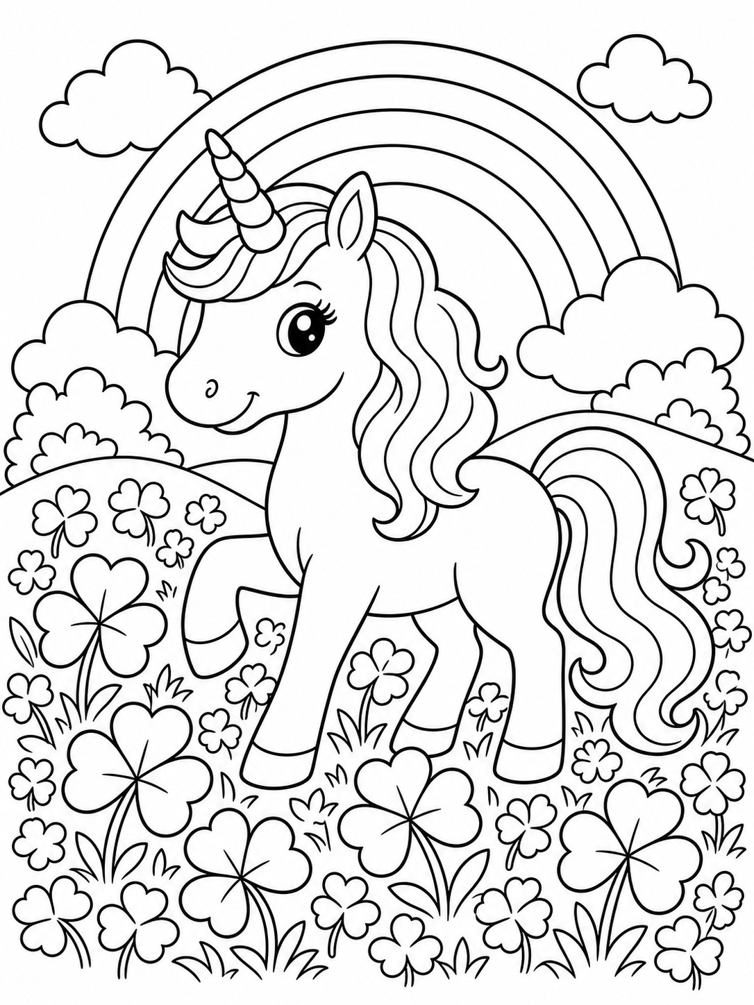 Printable line-art coloring page of unicorn with four-leaf clover field.