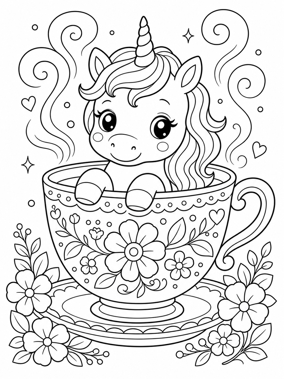 Printable line-art coloring page of tiny unicorn in a teacup.