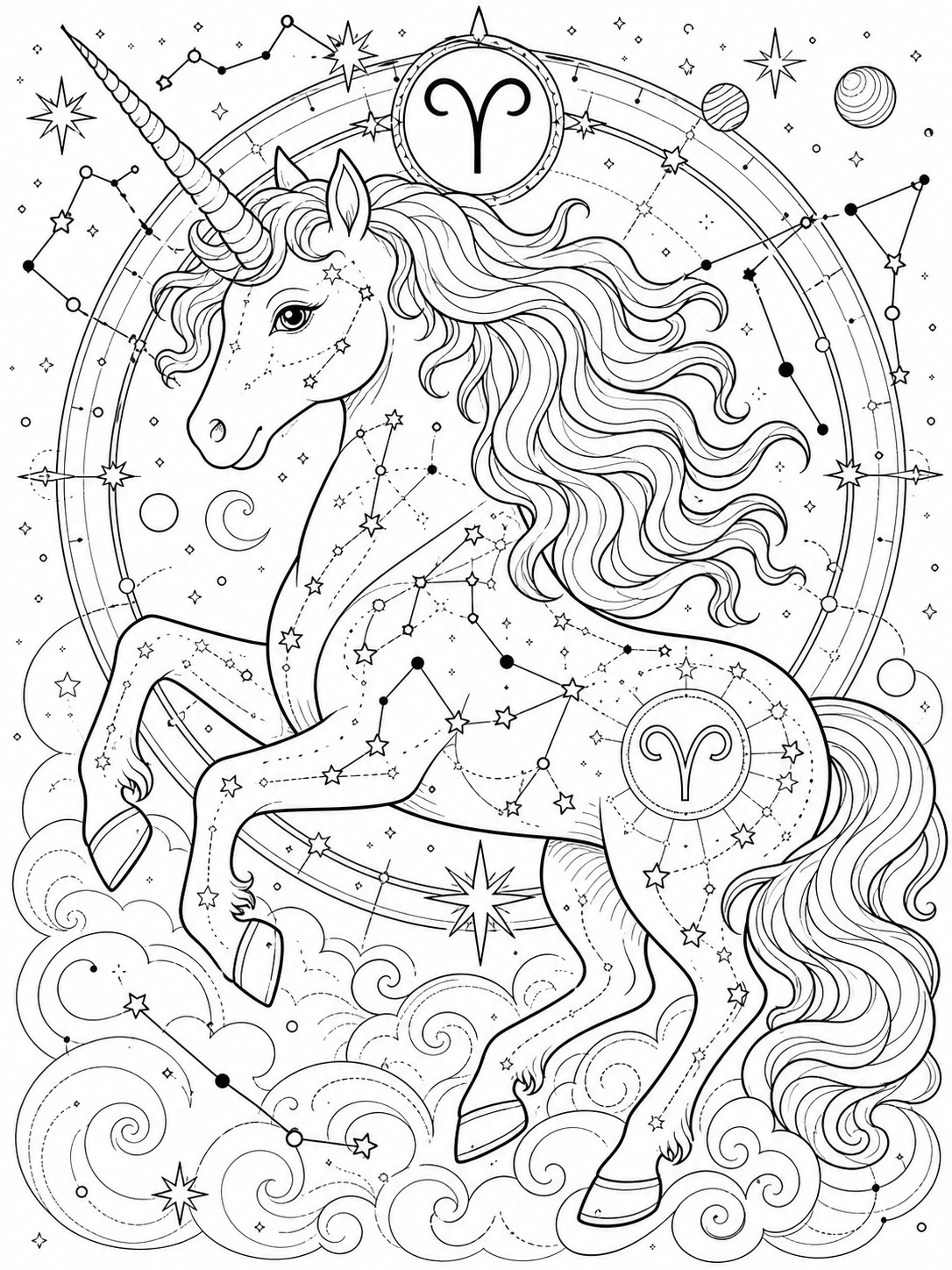 Printable line-art coloring page of unicorn zodiac: aries.