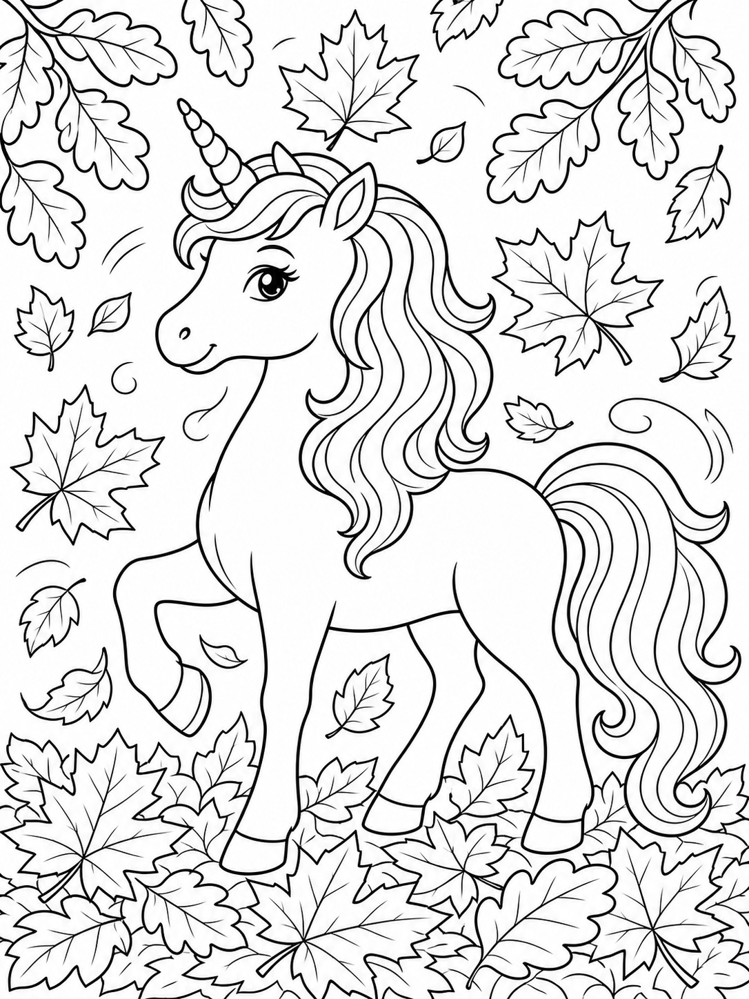 Printable line-art coloring page of unicorn with autumn leaves.